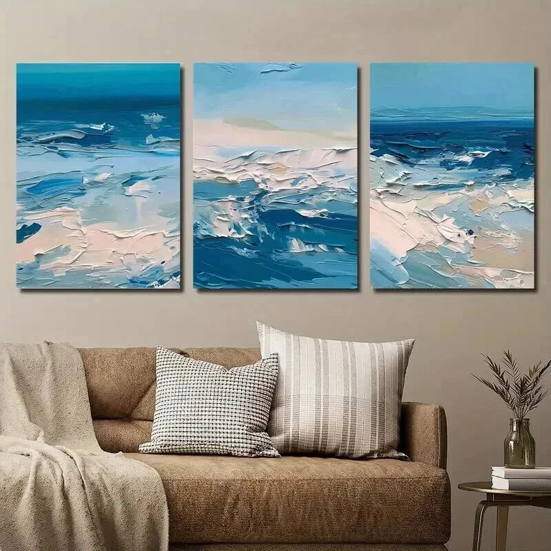 3pcs Dark Blue Abstract Seascape Wall Art Set Canvas Framed 60x90cm - High Quality Print 100% Australian Made Wall Canvas Ready to Hang