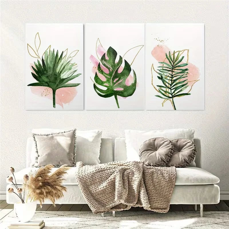3pcs Green Pink and Golden Plant Wall Art Set Canvas Framed 50x70cm - High Quality Print 100% Australian Made Wall Canvas Ready to Hang