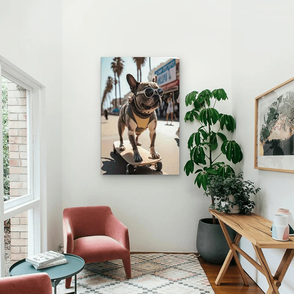 Bulldog Wearing Sunglasses on a Skateboard 40x60cm Metal Print Ready to Hang