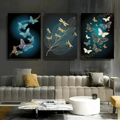 3pcs Butterflies, Dragonflies, Golden Leaf Wall Art Canvas Unframed - High Quality Print 100% Australian Made Wall Canvas - Bella Home Decor