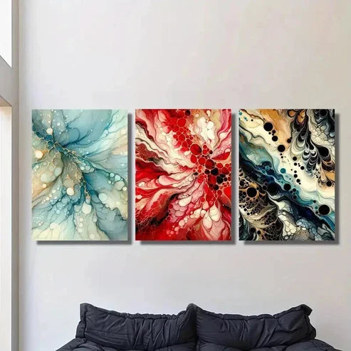 3pcs Blue Red and Black Abstract Fluid Texture Wall Art Set Canvas Unframed - High Quality Print 100% Australian Made Wall Canvas - Bella Home Decor