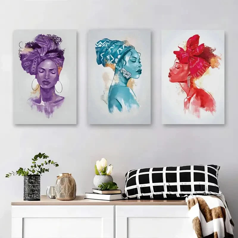 3pcs Women Colorful Headwrap CH Wall Art Set Canvas Framed 50x70cm - High Quality Print 100% Australian Made Wall Canvas Ready to Hang