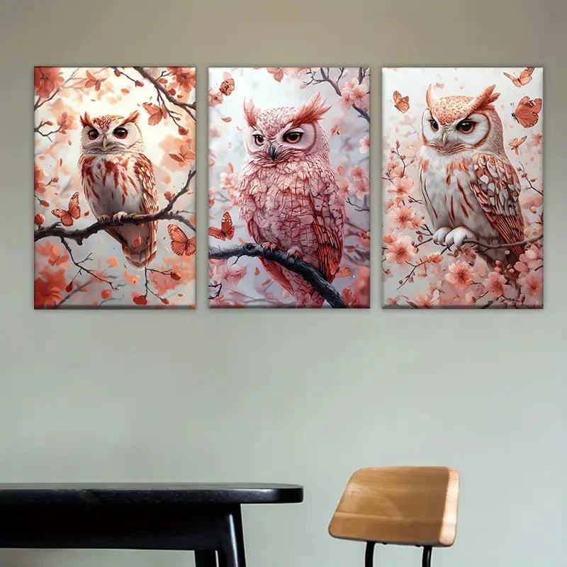 3pcs two owls sitting on a branch Wall Art Set Canvas Framed 50x70cm - High Quality Print 100% Australian Made Wall Canvas Ready to Hang - Bella Home Decor