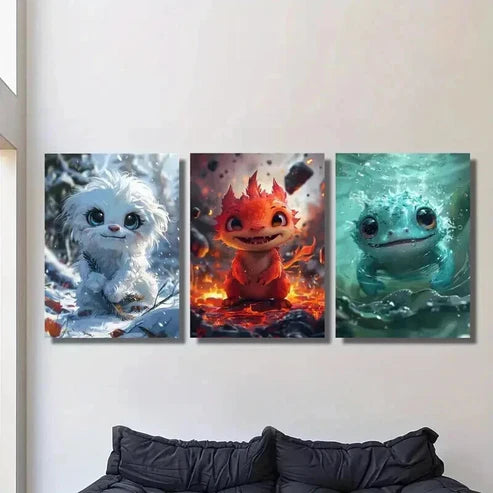 3pcs Cute Little Fantasy Cartoon Monsters Wall Art Canvas Unframed - High Quality Print 100% Australian Made Wall Canvas - Bella Home Decor