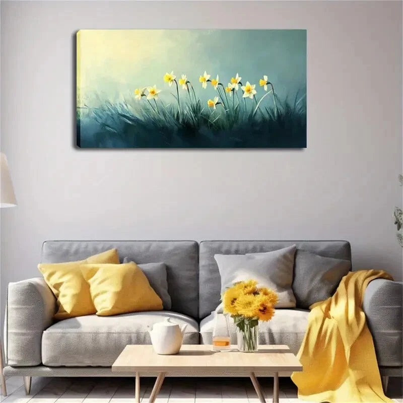 White & Yellow Floral Modern Wall Art Canvas Office Home Room Framed 120x60cm - Bella Home Decor