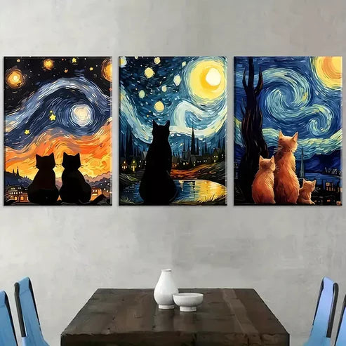 3pcs Modern Van Gogh Style Abstract Cat Canvas Unframed - High Quality Print 100% Australian Made Wall Canvas