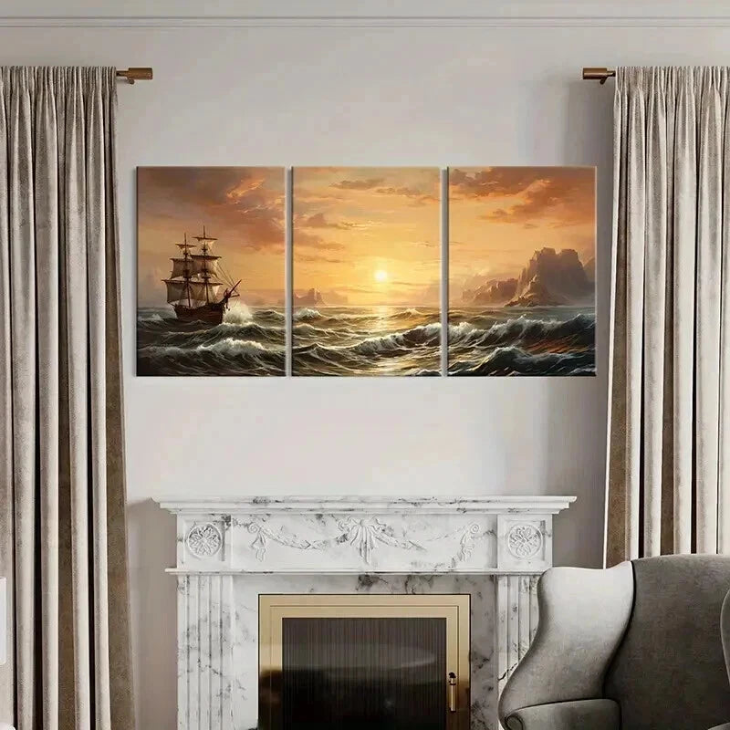 3pcs Nautical Art with Sailing and Pirate Ship Wall Art Set Canvas Framed 50x70cm - High Quality Print 100% Australian Made Wall Canvas Ready to Hang - Bella Home Decor