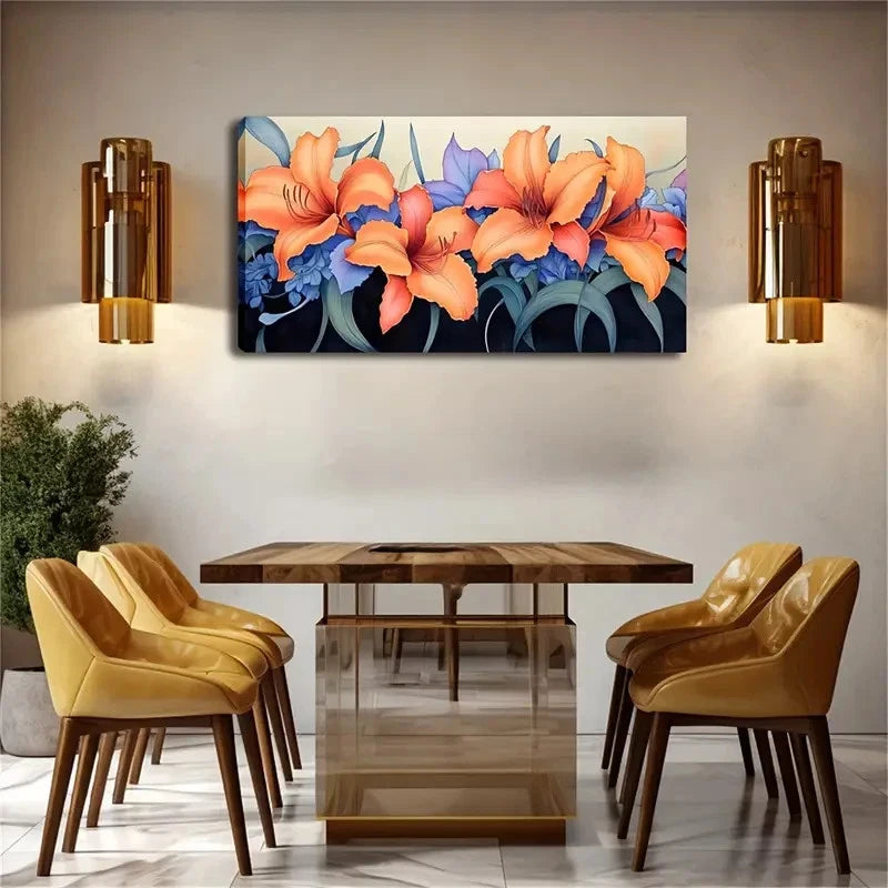 Hemerocallis Blue Floral Design Wall Art Canvas Office Home Room Framed 120x60cm