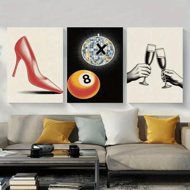 3pcs High Heels, Disco Ball, 8 Ball Wall Art Set Canvas Framed 40x60cm - High Quality Print 100% Australian Made Wall Canvas Ready to Hang - Bella Home Decor