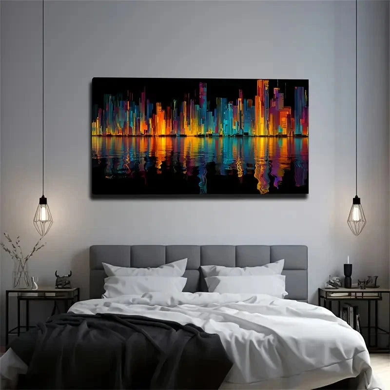 Abstract City Skyline Neon Wall Art Canvas Office Home Room Framed 120x60cm