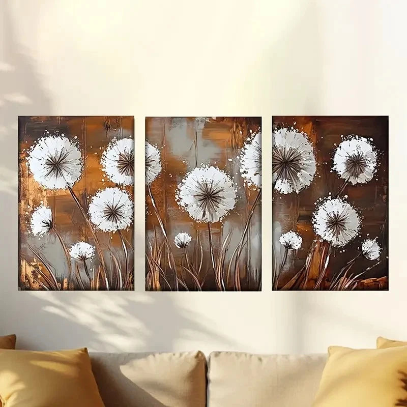 3pcs White Flowers on Brown Background Wall Art Set Canvas Framed 60x90cm - High Quality Print 100% Australian Made Wall Canvas Ready to Hang