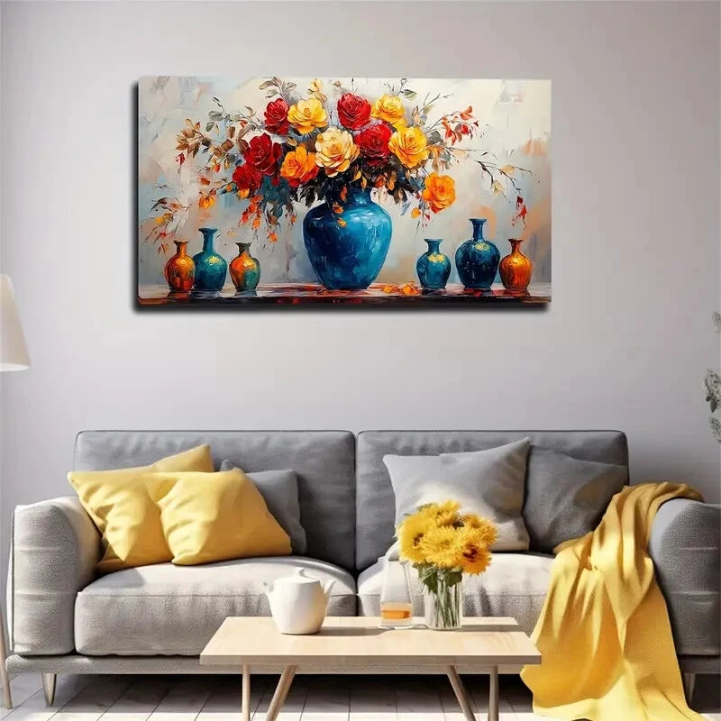Floral Bouquet Blue Vase Wall Art Canvas Office Home Room Framed 120x60cm - Bella Home Decor