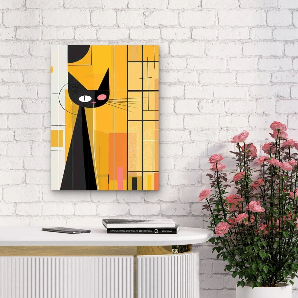 Abstract Black Cat Geometric Shapes 40x60cm Metal Print Ready to Hang