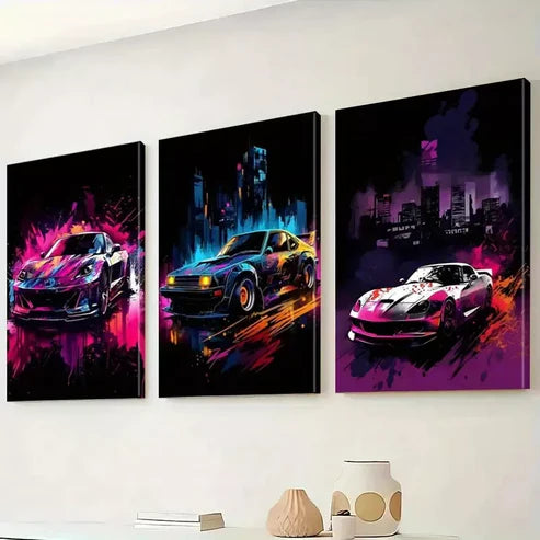 3pcs Neon Decorative Graffiti Style Sports cars Art Set Canvas Unframed - High Quality Print 100% Australian Made Wall Canvas