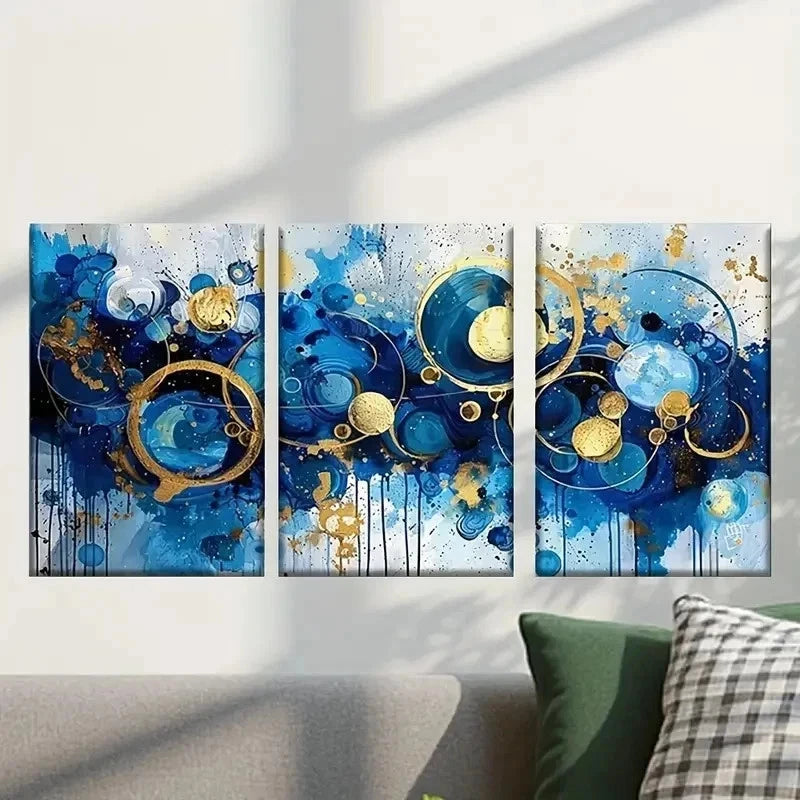 3pcs Abstract Blue & Golden Swirls & Spheres Wall Art Set Canvas Framed 40x60cm - High Quality Print 100% Australian Made Wall Canvas Ready to Hang - Bella Home Decor