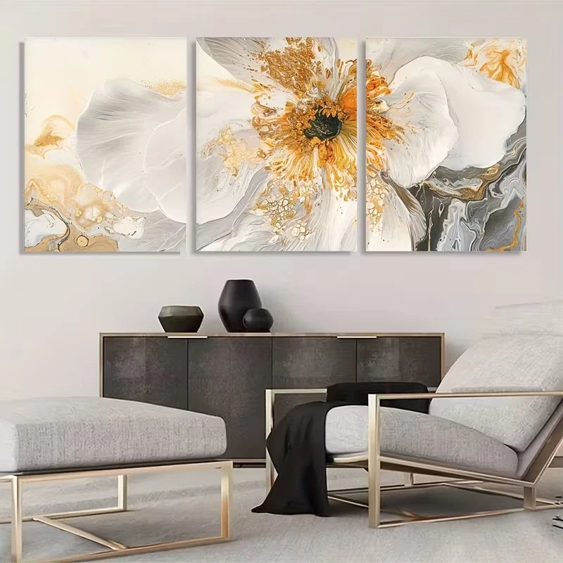 3pcs White Golden Abstract Floral Decor Wall Art Set Canvas Framed 60x90cm - High Quality Print 100% Australian Made Wall Canvas Ready to Hang