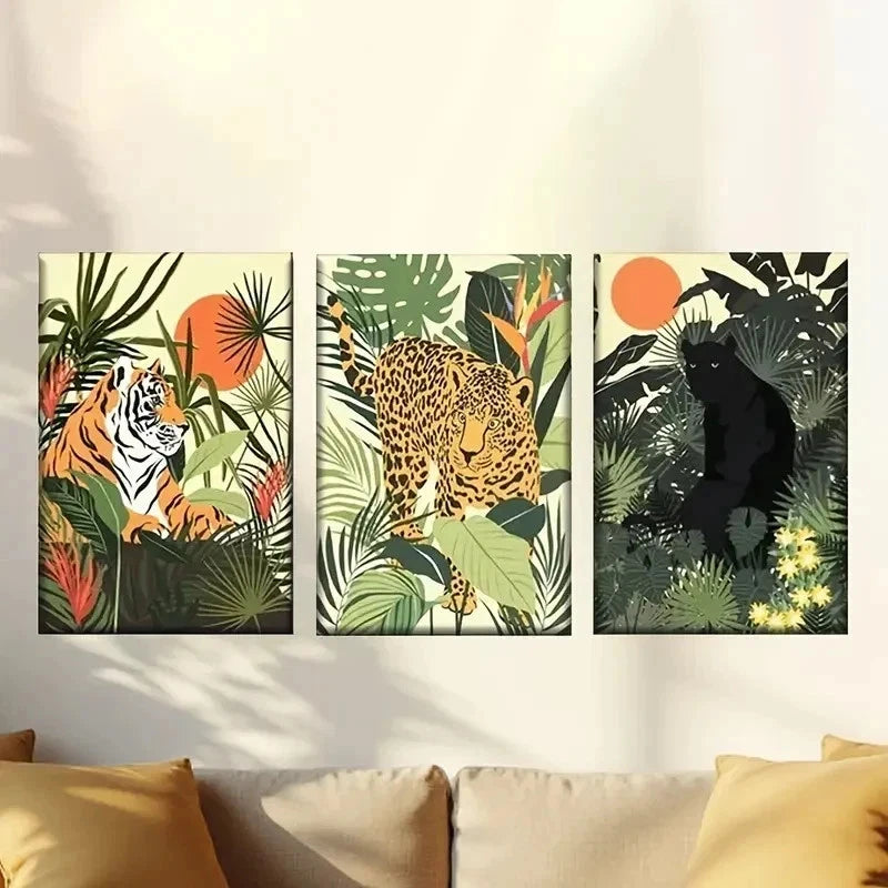 3pcs Vibrant Jungle Scene with Animals Wall Art Set Canvas Framed 50x70cm - High Quality Print 100% Australian Made Wall Canvas Ready to Hang