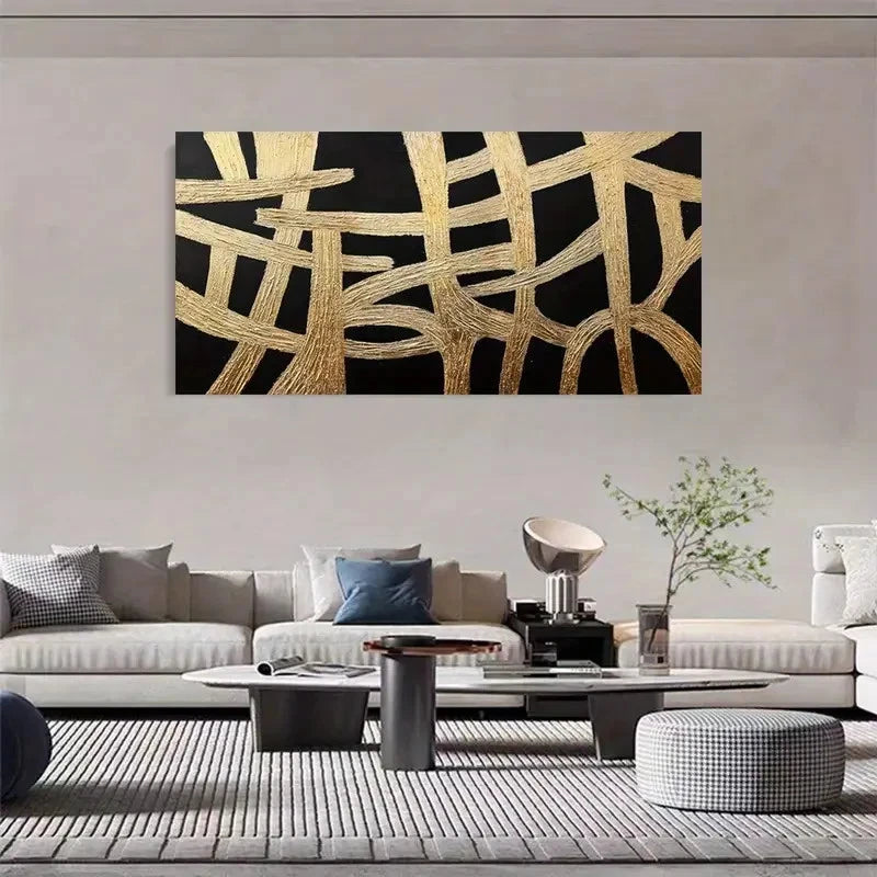 Abstract Black And Golden Lines Wall Art Canvas Office Home Room Framed 120x60cm - Bella Home Decor