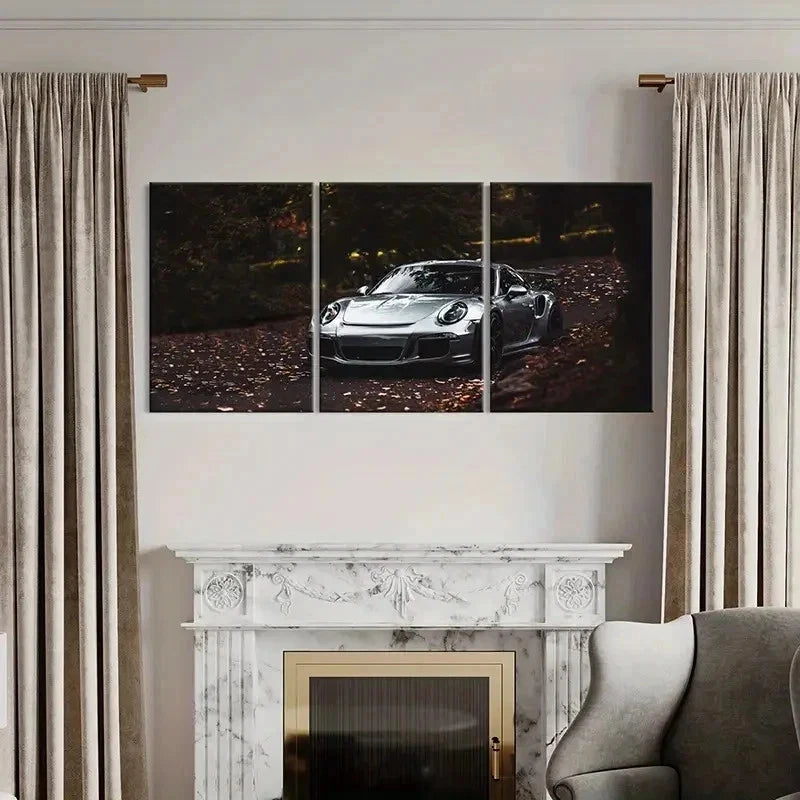 3pcs Porsche Super Car in a Forest Wall Art Set Canvas Framed 50x70cm - High Quality Print 100% Australian Made Wall Canvas Ready to Hang