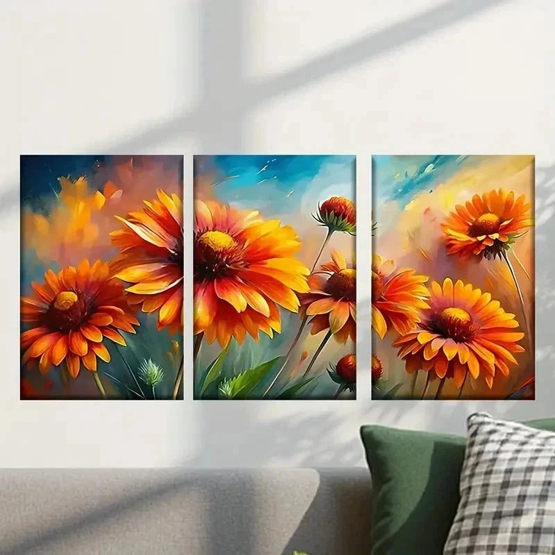 3pcs Painting of Orange Flowers Wall Art Set Canvas Framed 50x70cm - High Quality Print 100% Australian Made Wall Canvas Ready to Hang