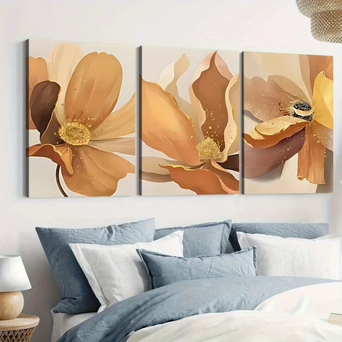 3pcs Abstract Art Floral Elegant Yellow & Gold Wall Art Set Canvas Unframed - High Quality Print 100% Australian Made Wall Canvas - Bella Home Decor