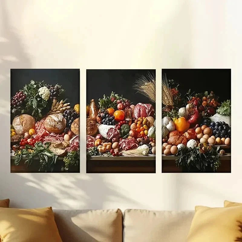 3pcs Table Full of Food, Artist Drawing Wall Art Set Canvas Framed 40x60cm - High Quality Print 100% Australian Made Wall Canvas Ready to Hang