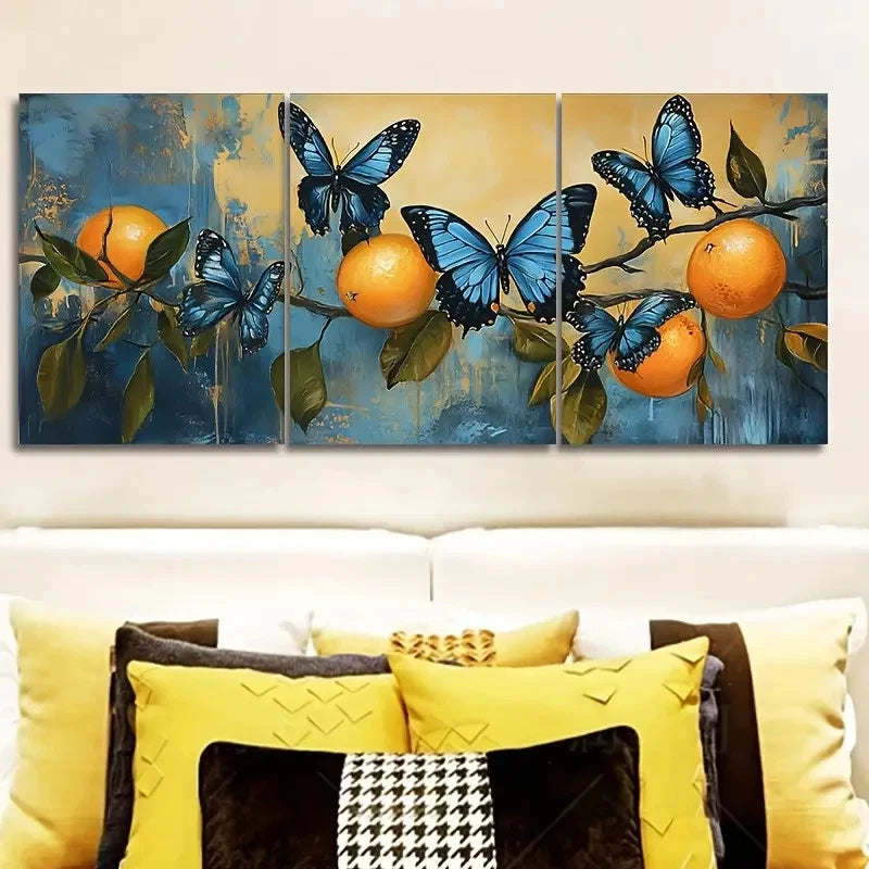 3pcs Blue Butterfly And Orange Trees Wall Art Set Canvas Framed 60x90cm - High Quality Print 100% Australian Made Wall Canvas Ready to Hang