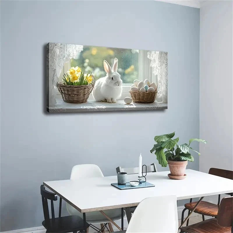White Rabbit Easter Eggs Flower Wall Art Canvas Office Home Room Framed 120x60cm - Bella Home Decor