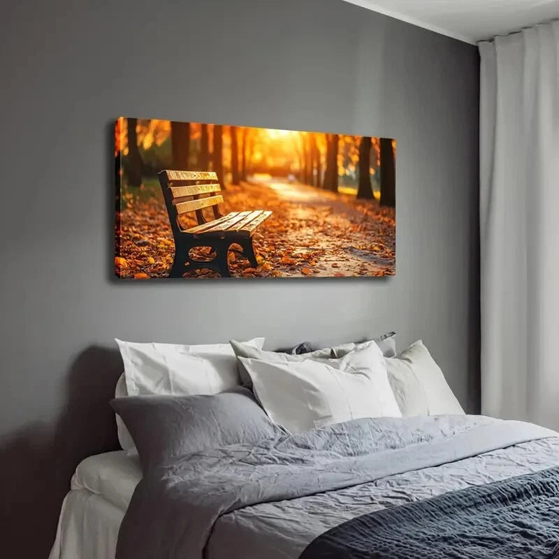 Vibrant Fall Leave Wooden Bench Wall Art Canvas Office Home Room Framed 120x60cm - Bella Home Decor