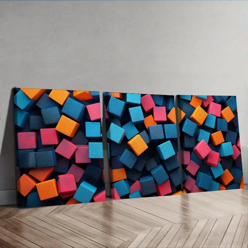 3pcs Colorful Cubes Wall Art Set Canvas Framed 50x70cm - High Quality Print 100% Australian Made Wall Canvas Ready to Hang - Bella Home Decor