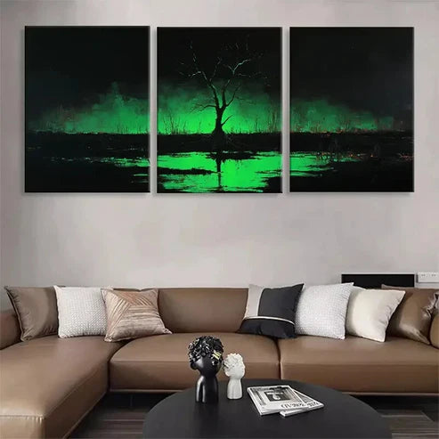 3pcs Mysterious Green Glow Tree Dark Perfect Wall Art Canvas Unframed - High Quality Print 100% Australian Made Wall Canvas