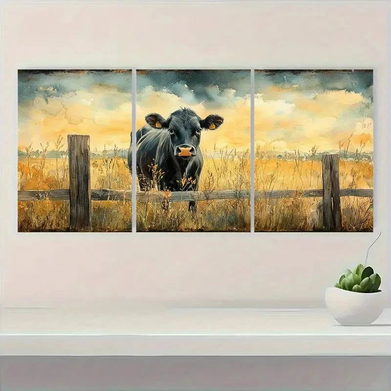 3pcs Black Cow Watercolor TY Wall Art Set Canvas Framed 50x70cm - High Quality Print 100% Australian Made Wall Canvas Ready to Hang - Bella Home Decor
