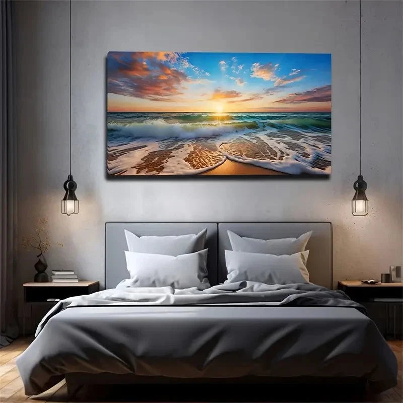 Blue Waves On The Beach Young Wall Art Canvas Office Home Room Framed 120x60cm
