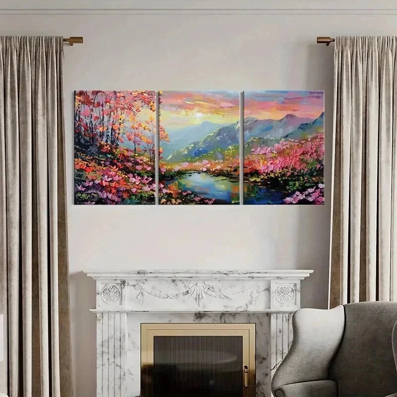 3pcs Mountain Landscape Colorful Trees Serene Wall Art Set Canvas Framed 50x70cm - High Quality Print 100% Australian Made Wall Canvas Ready to Hang - Bella Home Decor