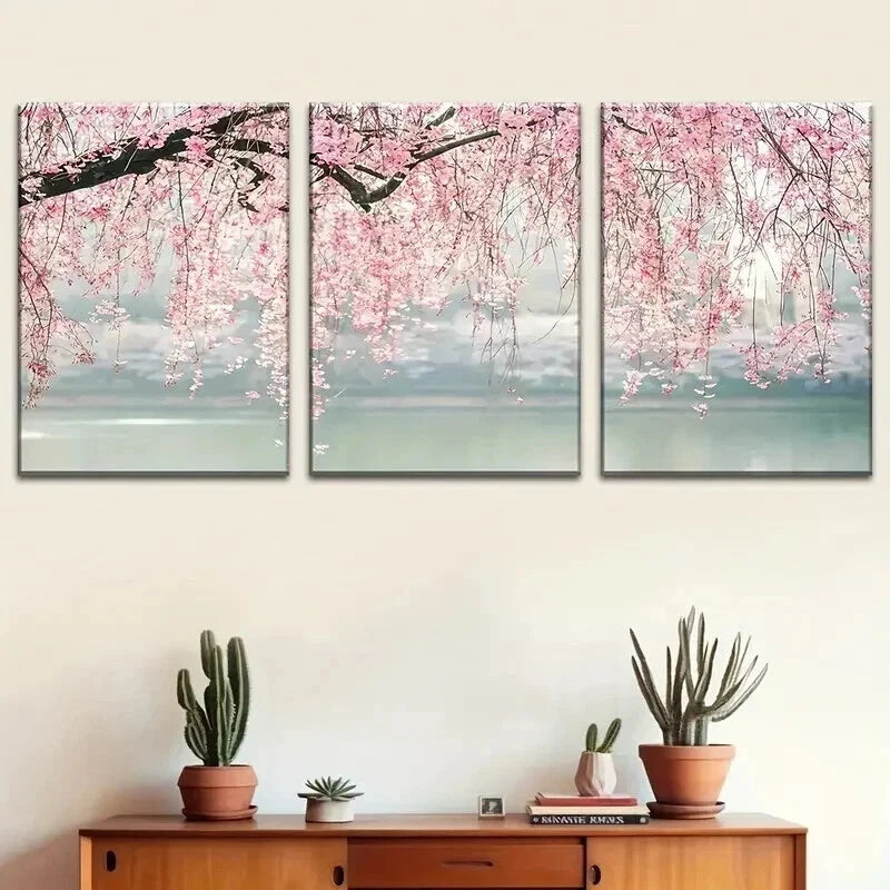 3pcs Pink Willow Landscape Serene Nature Wall Art Set Canvas Framed 50x70cm - High Quality Print 100% Australian Made Wall Canvas Ready to Hang