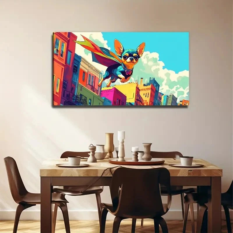 Superhero Dog Flying Painting Wall Art Canvas Office Home Room Framed 120x60cm
