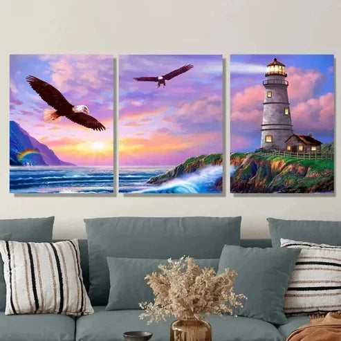 3pcs Sunset Lighthouse & Eagles Triptych Wall Art Canvas Unframed - High Quality Print 100% Australian Made Wall Canvas