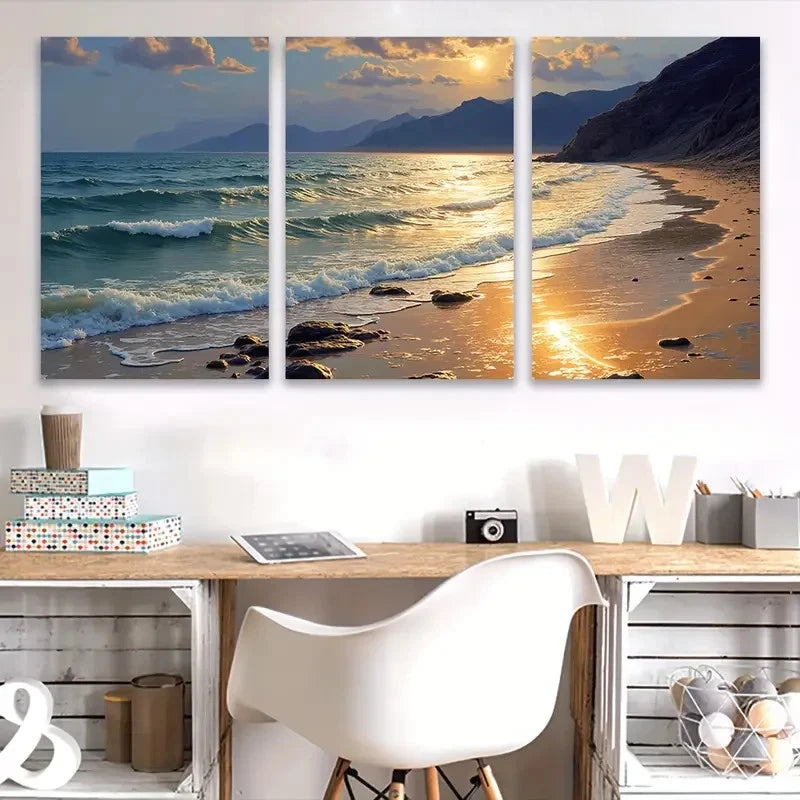 3pcs Golden Sunset Over Ocean Waves Beach Scene Wall Art Set Canvas Framed 40x60cm - High Quality Print 100% Australian Made Wall Canvas Ready to Hang - Bella Home Decor