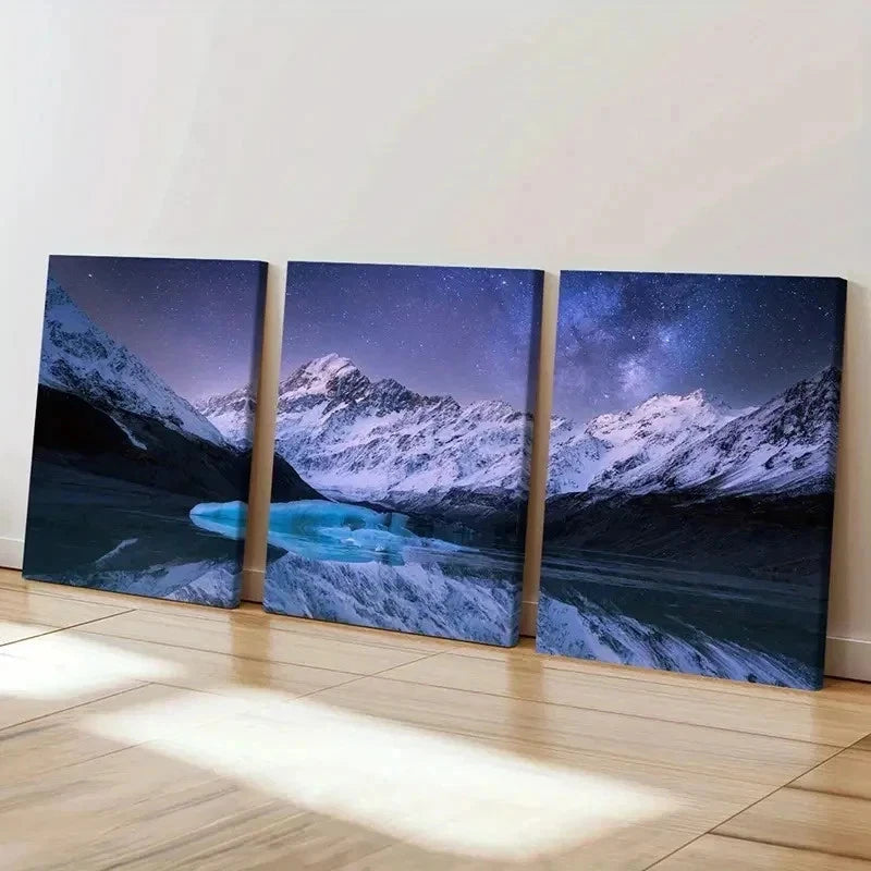 3pcs Night Scene Snowy Mountains & River Wall Art Set Canvas Framed 50x70cm - High Quality Print 100% Australian Made Wall Canvas Ready to Hang