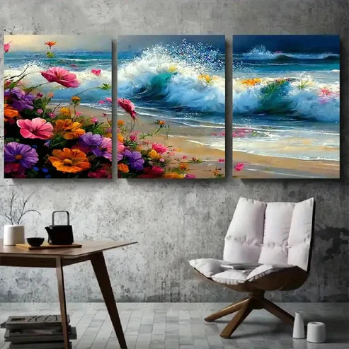 3pcs Vibrant Floral Seashore Wave Wall Art Set Canvas Unframed - High Quality Print 100% Australian Made Wall Canvas
