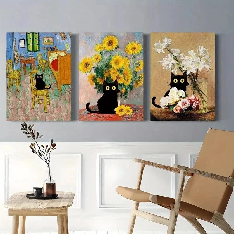 3pcs Black Cats in Famous Wall Art Set Canvas Framed 60x90cm - High Quality Print 100% Australian Made Wall Canvas Ready to Hang - Bella Home Decor