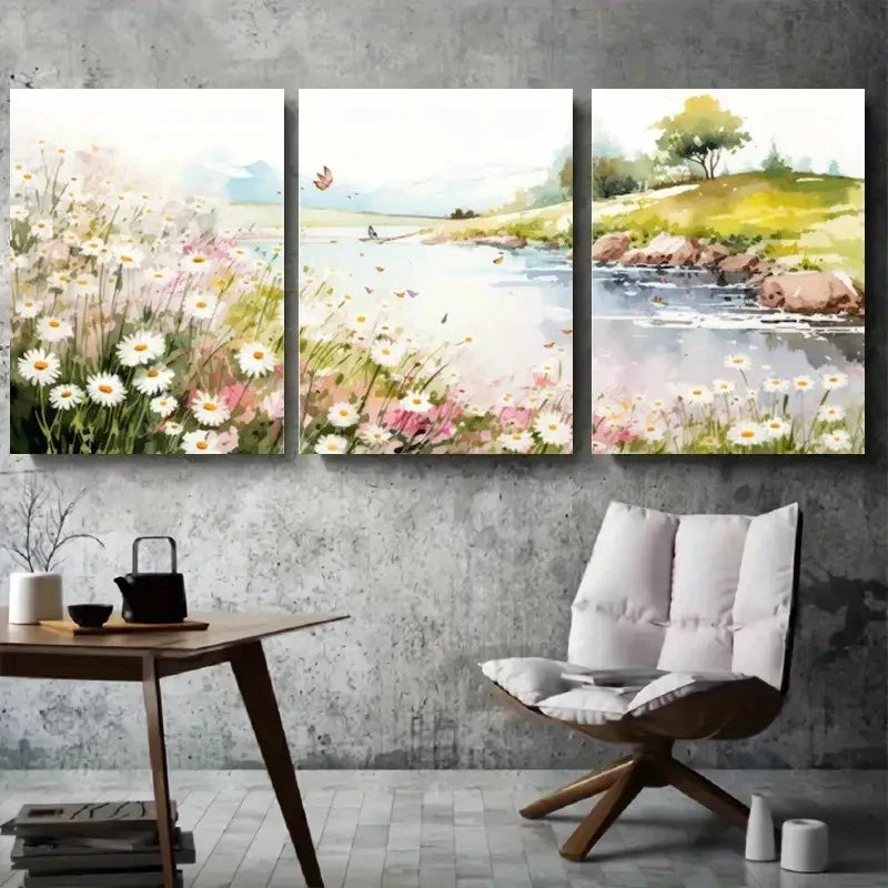 3pcs Serene Daisy Lakeside Meadow Wall Art Set Canvas Framed 40x60cm - High Quality Print 100% Australian Made Wall Canvas Ready to Hang