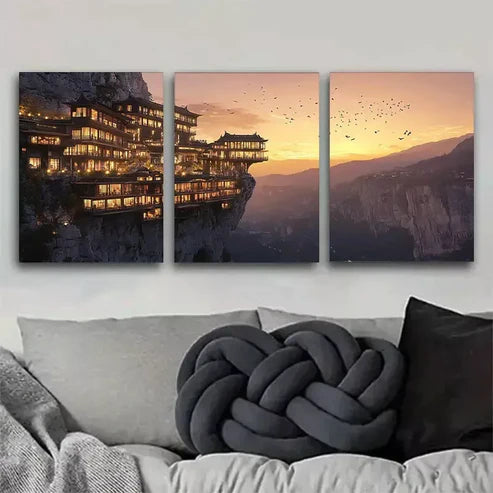 3pcs Cliffside Pagoda Style Building Wall Art Canvas Unframed - High Quality Print 100% Australian Made Wall Canvas - Bella Home Decor