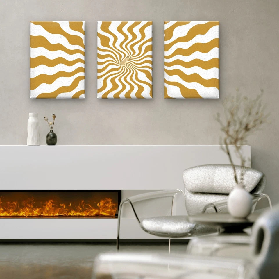 3pcs Retro Gold and White Wavy Line Abstract Wall Art Set Canvas Framed 50x70cm - High Quality Print 100% Australian Made Wall Canvas Ready to Hang