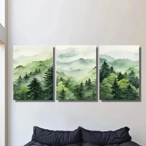 3pcs Misty Green Forest Natural Landscape Wall Art Set Canvas Unframed - High Quality Print 100% Australian Made Wall Canvas