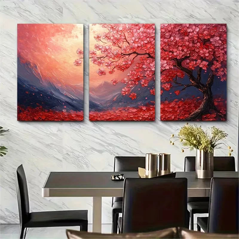 3pcs Vibrant Cherry Blossom Themed Metal Print Ready to Hang Art