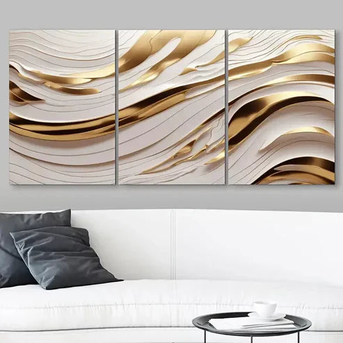 3pcs Golden & White Abstract Wave Canvas Framed 60x90cm - High Quality Print 100% Australian Made Wall Canvas Ready to Hang