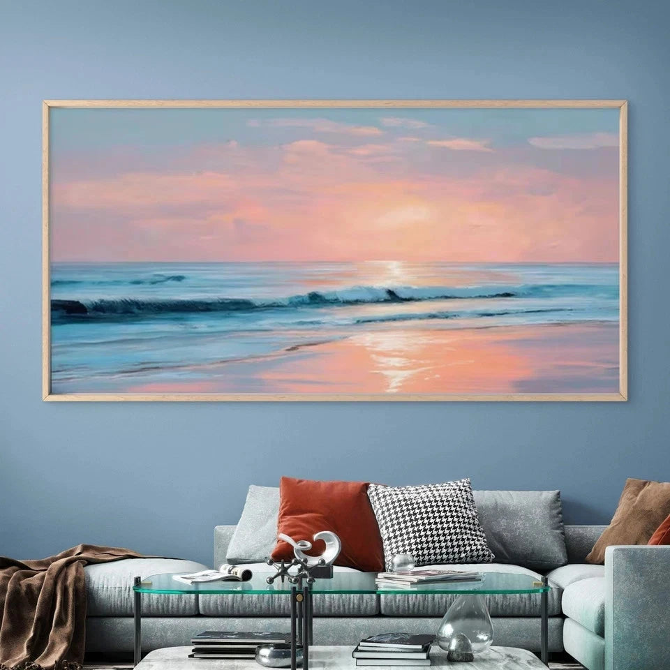 Turquoise & Pink Ocean Waves Wall Art Canvas Office Home Room Framed 120x60cm