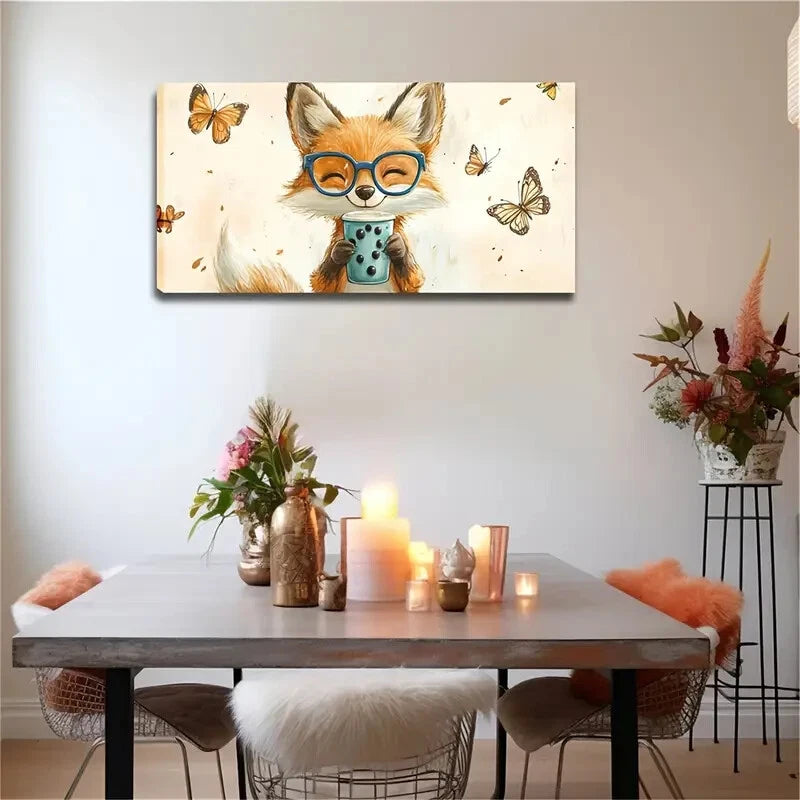 Whimsical Smiling Fox Glasses Wall Art Canvas Office Home Room Framed 120x60cm - Bella Home Decor