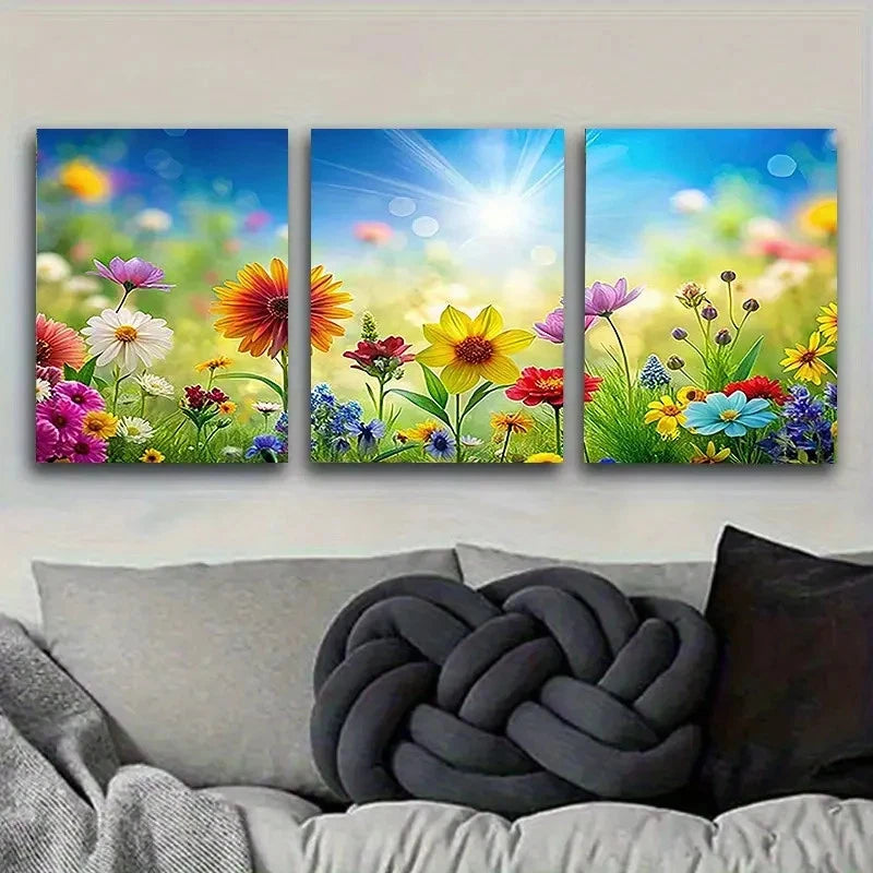 3pcs Sunlit Wildflower Meadow Wall Art Set Canvas Framed 50x70cm - High Quality Print 100% Australian Made Wall Canvas Ready to Hang